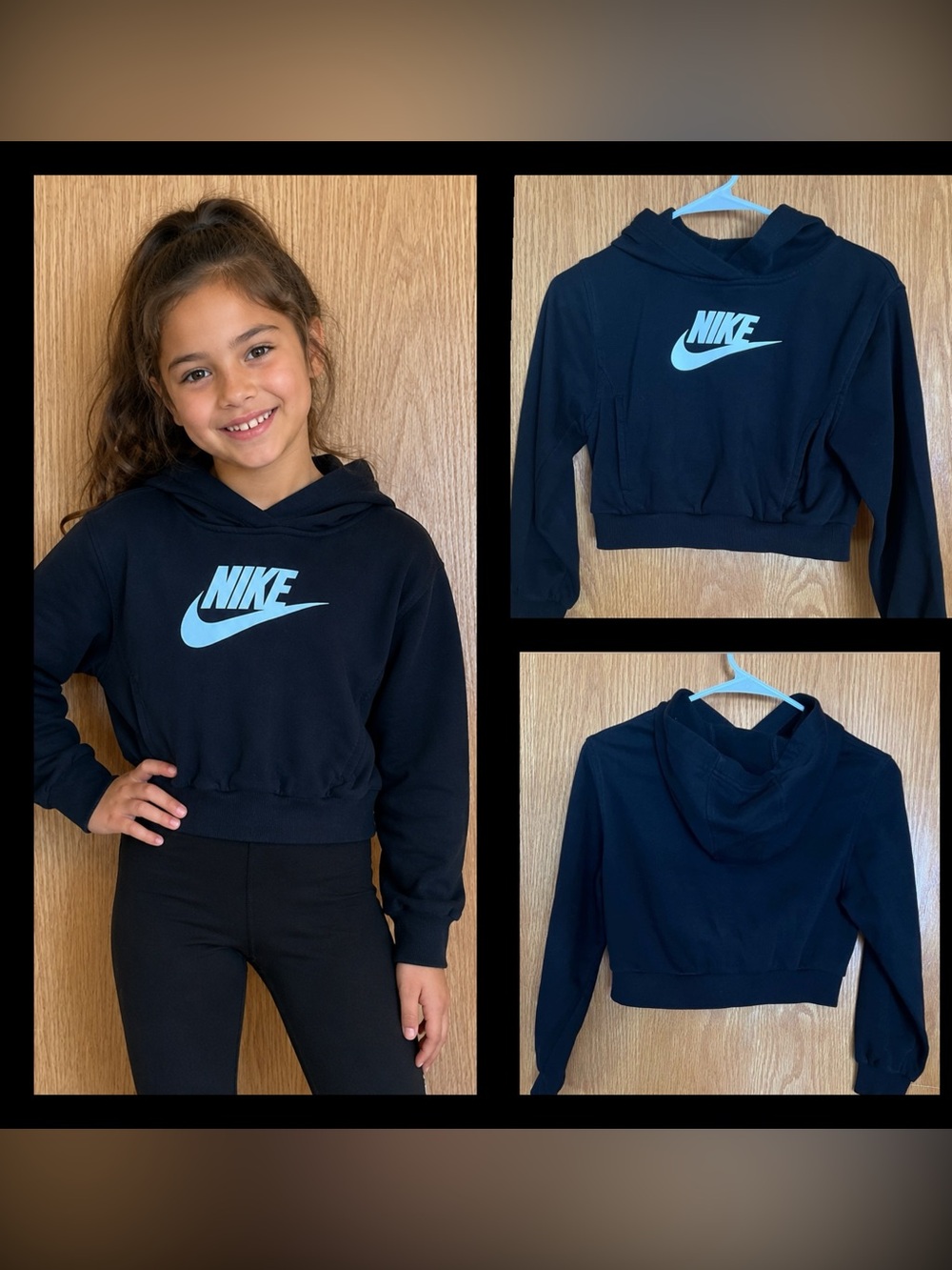 Girls Nike Black Cropped Hoodie with White Logo and Pockets